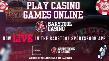 Slot screen & roulette wheel in background, with falling Barstool chips and text: "Play Casino Games Online / Barstool Casino logo / Now Live in the Barstool Sportsbook App / mychoice logo / Barstool Sportsbook & Casino logo / Gambling Problem? Call 1-800-Gambler."